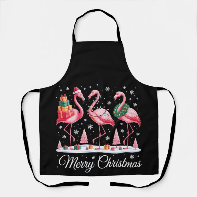 Merry Christmas Flamingo Light Santa Hat Xmas Apron (Front)