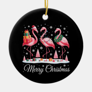 Merry Christmas Flamingo Light Santa Hat Xmas Ceramic Tree Decoration