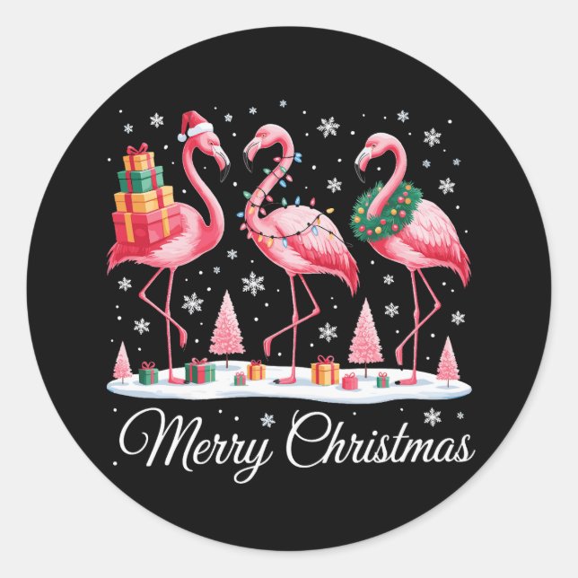 Merry Christmas Flamingo Light Santa Hat Xmas Classic Round Sticker (Front)