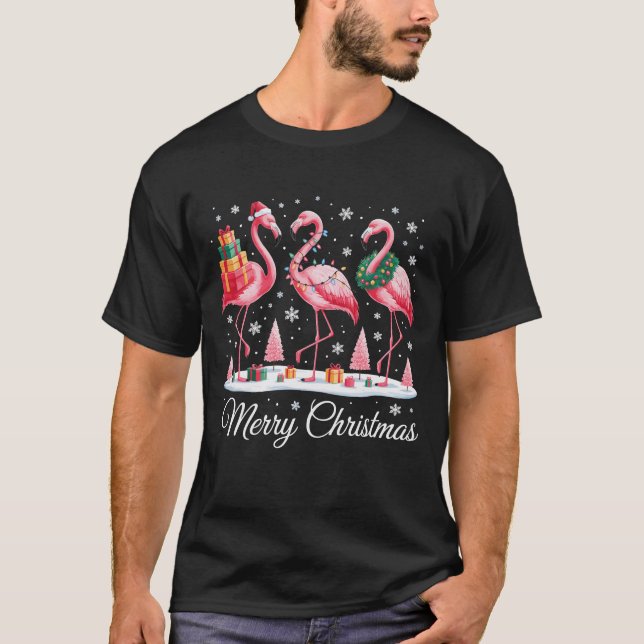 Merry Christmas Flamingo Light Santa Hat Xmas T-Shirt (Front)