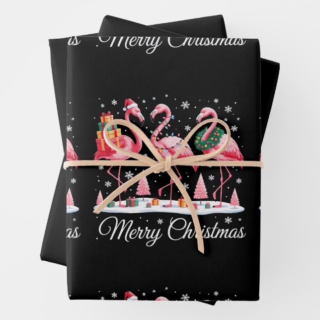 Merry Christmas Flamingo Light Santa Hat Xmas Wrapping Paper Sheet (In situ)