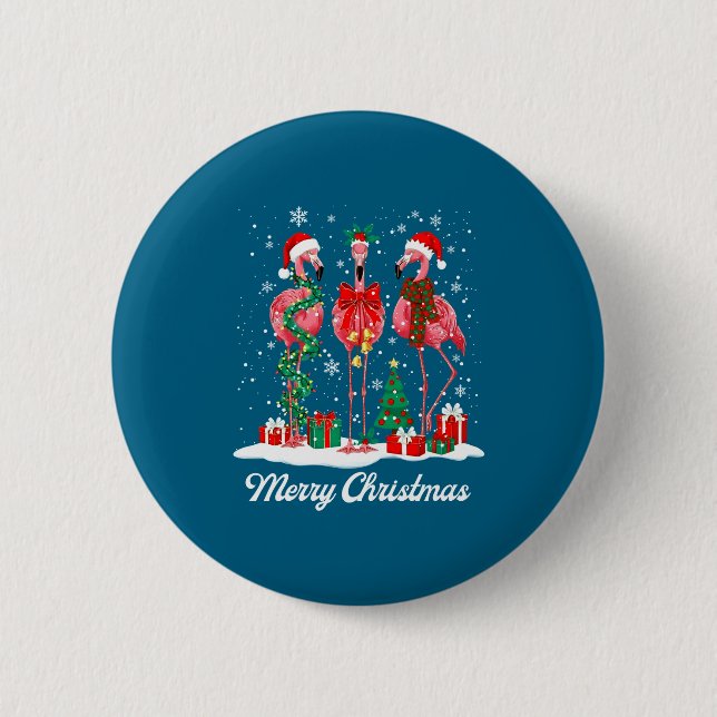 Merry Christmas Flamingo Santa Hat Christmas Light 6 Cm Round Badge (Front)