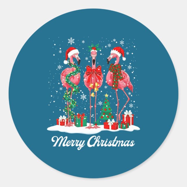 Merry Christmas Flamingo Santa Hat Christmas Light Classic Round Sticker (Front)