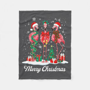Merry Christmas Flamingo Santa Hat Christmas Light Fleece Blanket