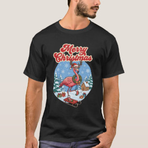 Merry Christmas Flamingo Santa Hat Sled T-Shirt