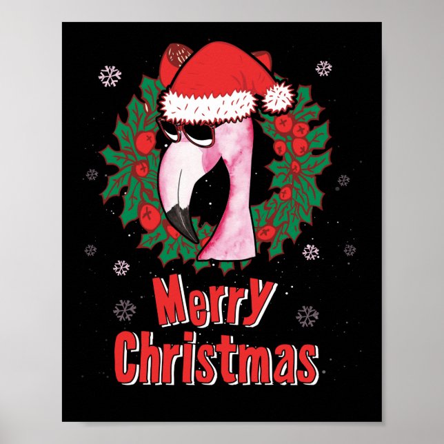 Merry Christmas Flamingo Santa Hat Sunglasses Poster (Front)