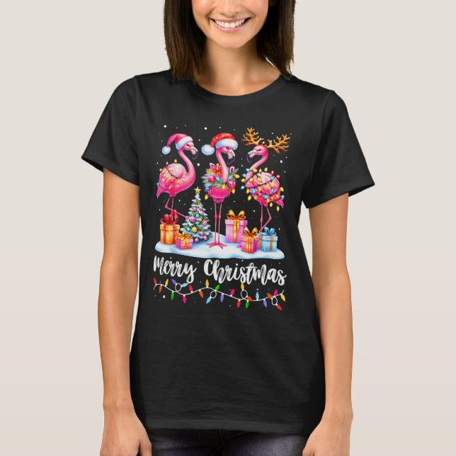 Merry Christmas Flamingo Santa Hat Xmas Pajamas Ho T-Shirt (Front)