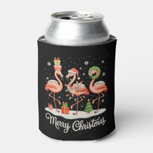 Merry Christmas Flamingo Xmas Lights Santa Hat Can Cooler