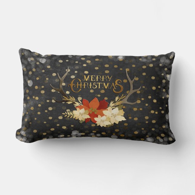 Merry Christmas Floral Antlers Confetti Lumbar Cushion (Front)