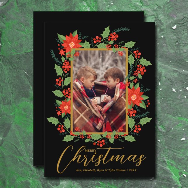 Merry Christmas Floral Black Holiday Card (Creator Uploaded)
