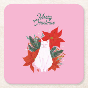 Merry Christmas Floral Cat Square Paper Coaster