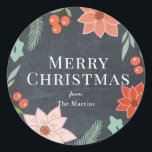 Merry Christmas Floral Chalkboard Holiday Classic Round Sticker<br><div class="desc">This chic "merry christmas" sticker features a black chalkboard background with holiday florals such as poinsettia flowers and red berries. Personalise for your needs. You can find matching products at my store.</div>