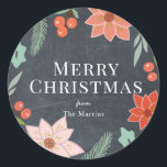 Merry Christmas Floral Chalkboard Holiday Classic Round Sticker<br><div class="desc">This chic "merry christmas" sticker features a black chalkboard background with holiday florals such as poinsettia flowers and red berries. Personalise for your needs. You can find matching products at my store.</div>