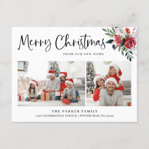Merry Christmas   Floral Change of Address Photo Holiday Postcard