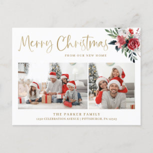 Merry Christmas   Floral Change of Address Photo Holiday Postcard