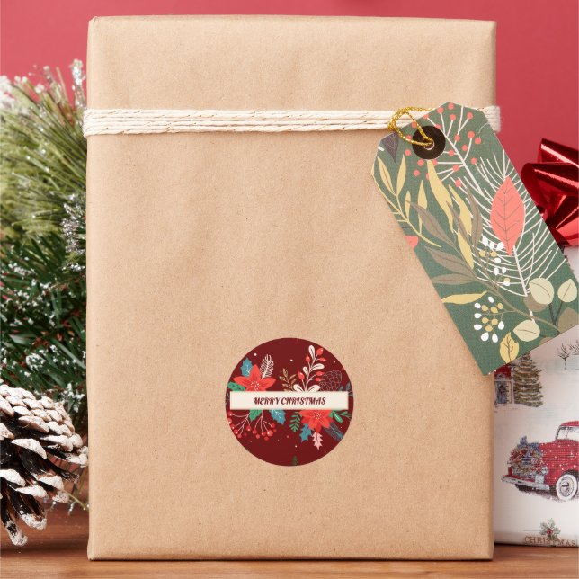 Merry Christmas Floral Classic Round Sticker (Holiday)