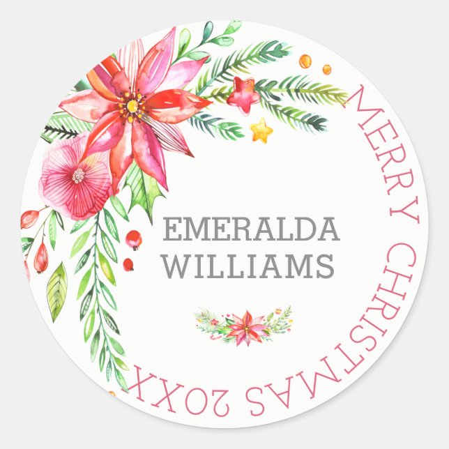 Merry Christmas Floral Flowers Bouquet Classic Round Sticker (Front)