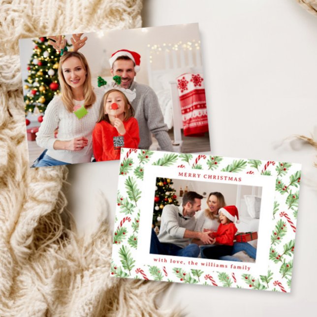 Merry Christmas Floral Greenery Two Photo Holiday Card (Creator Uploaded)