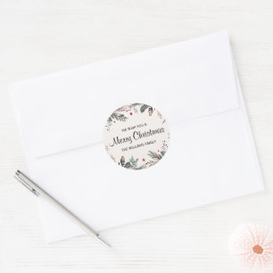 Merry Christmas Floral Greeting Classic Round Sticker