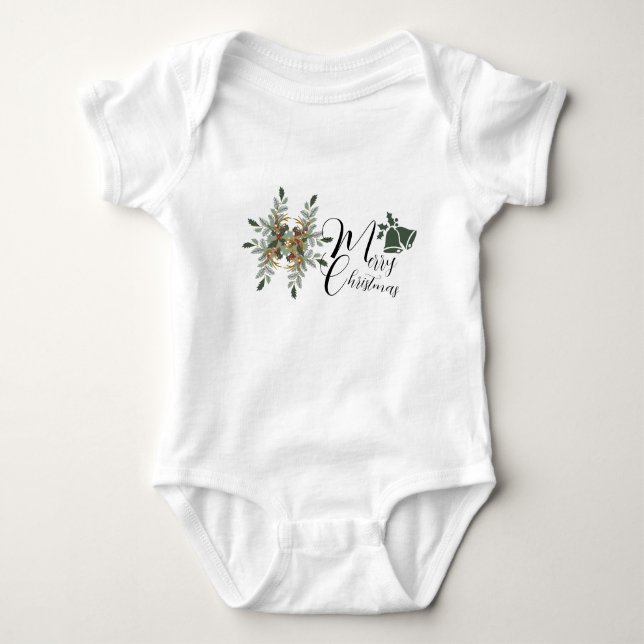 Merry Christmas Floral Jingle Bell T-Shirt Baby Bodysuit (Front)