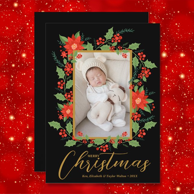 Merry Christmas Floral Photo Holiday Card (Creator Uploaded)