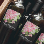 Merry Christmas Floral Poinsettia Black Wine Label<br><div class="desc">Personalised Merry Christmas black wine bottle labels feature a large pink poinsettia,  winter flowers,  pines and holly leaves your details in chic white lettering. MATCHING items in our store.</div>