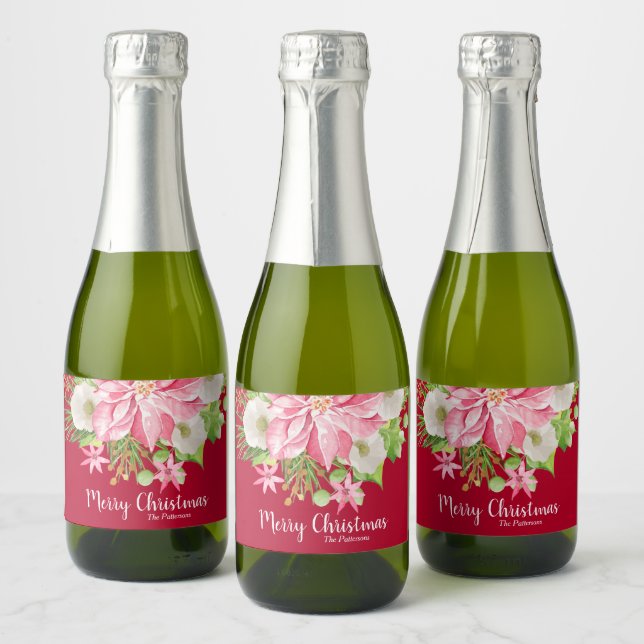 Merry Christmas Floral Poinsettia Holiday Mini Red Sparkling Wine Label (Bottles)