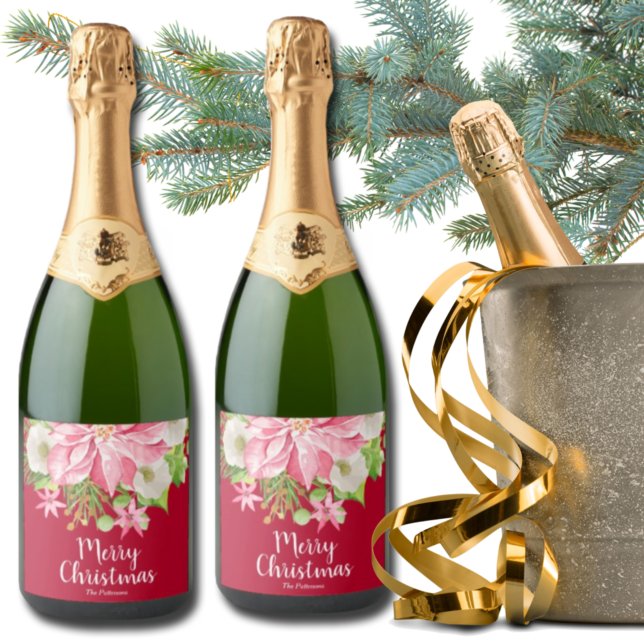 Merry Christmas Floral Poinsettia Holiday Red Sparkling Wine Label (Creator Uploaded)