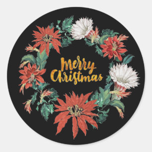 Merry Christmas Floral Poinsettia Wreath on Black Classic Round Sticker