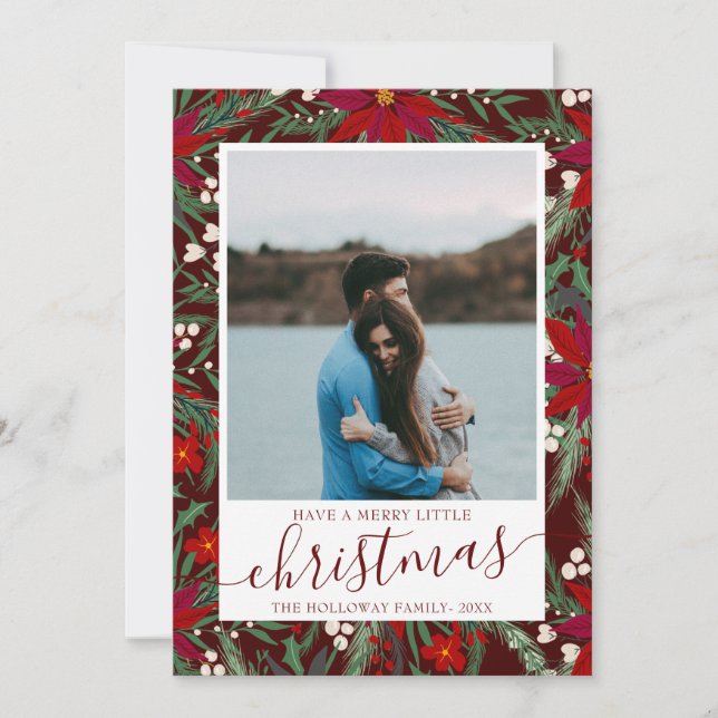 Merry Christmas floral red green couple photo Announcement (Front)