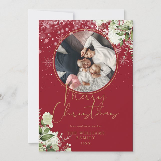 Merry Christmas Floral Snow Gold And Red Photo Holiday Card (Front)