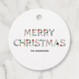 Merry Christmas Floral Typography Favour Tags