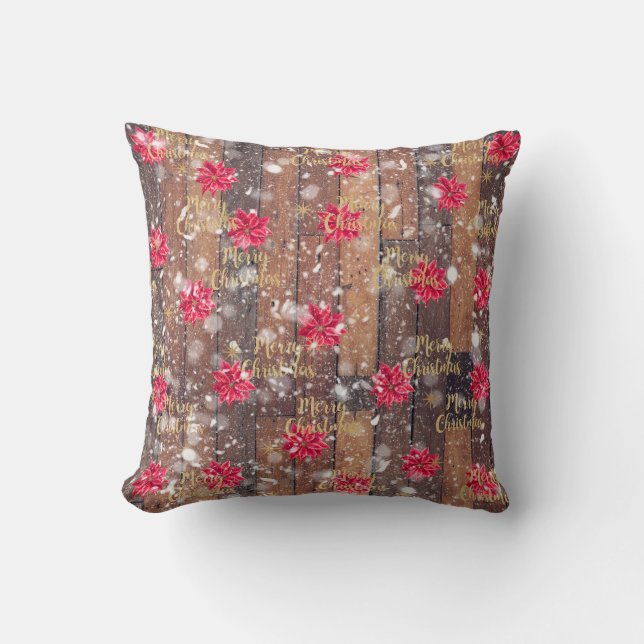 Merry Christmas Floral Wooden Planks Cushion (Front)