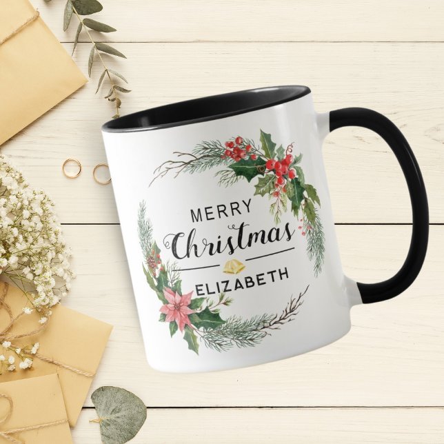 Merry Christmas Floral Wreath and Script Black Mug (Creator Uploaded)