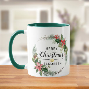 Merry Christmas Floral Wreath and Script Green Mug
