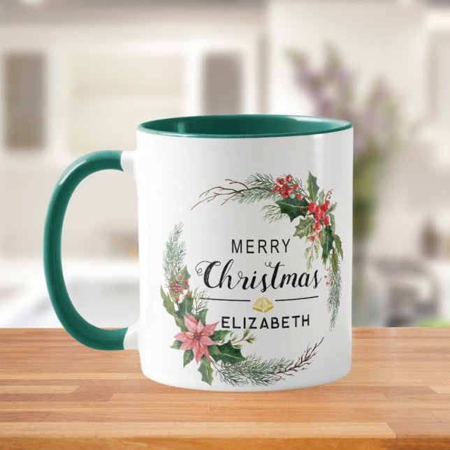 Merry Christmas Floral Wreath and Script Green Mug (Creator Uploaded)