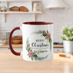 Merry Christmas Floral Wreath and Script Maroon Mug