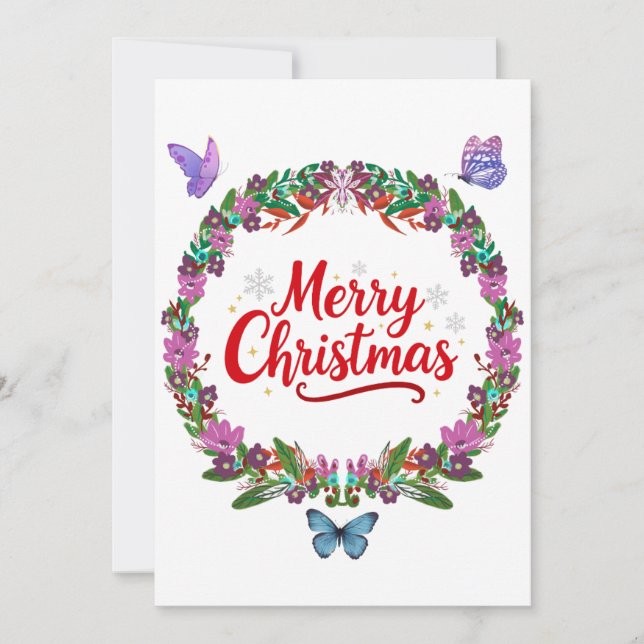 Merry Christmas Floral Wreath Card with Colorful B (Front)