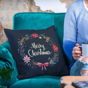 Merry Christmas Floral Wreath Cushion
