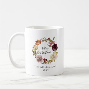 Merry Christmas Floral Wreath Family Name Coffee Mug