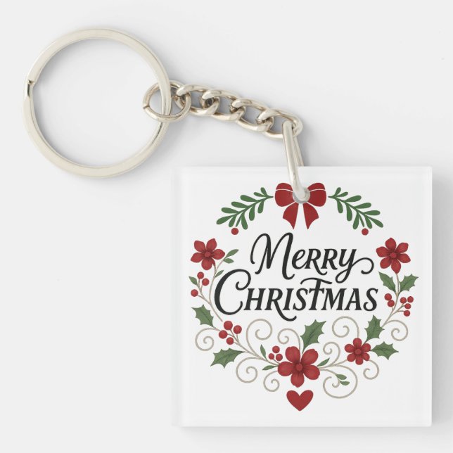 Merry Christmas Floral Wreath Keychain (Front)