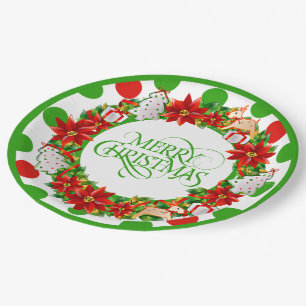 Merry Christmas Floral Wreath Paper Plate