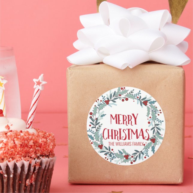 Merry Christmas Flower Wreath Family Name Classic Round Sticker (Party)