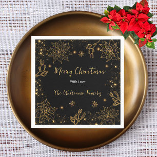 Merry Christmas Flowers and Stars   Black Gold Napkin