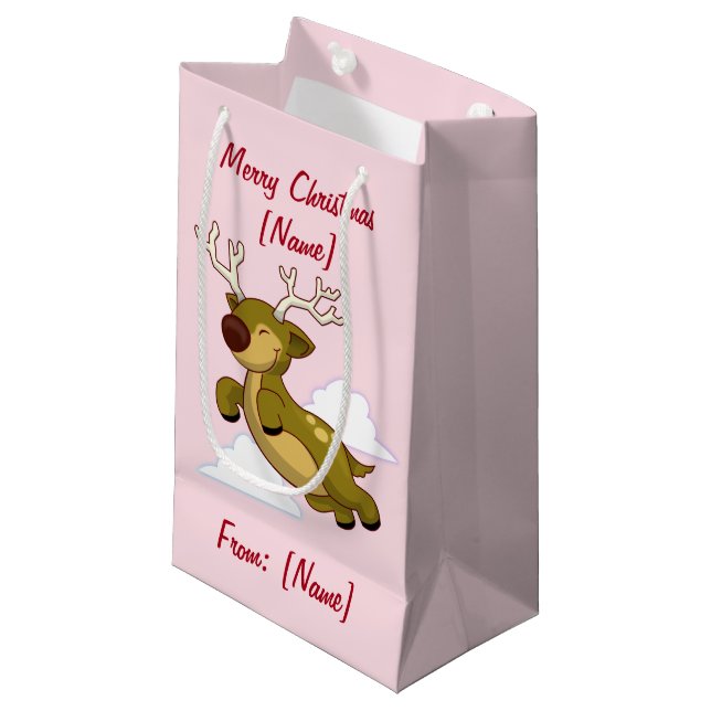 Merry Christmas Flying Reindeer Cute Small Gift Bag (Front Angled)