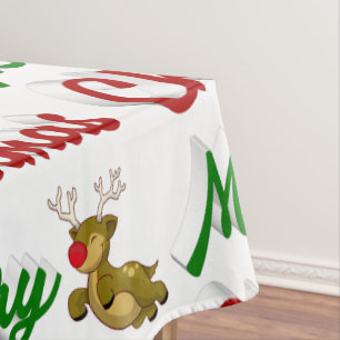 Merry Christmas Flying Reindeer red green script Tablecloth