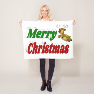 Merry Christmas Flying Reindeer typography Fleece Blanket