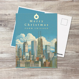 Merry Christmas Foil Post Card Chicago Skyline