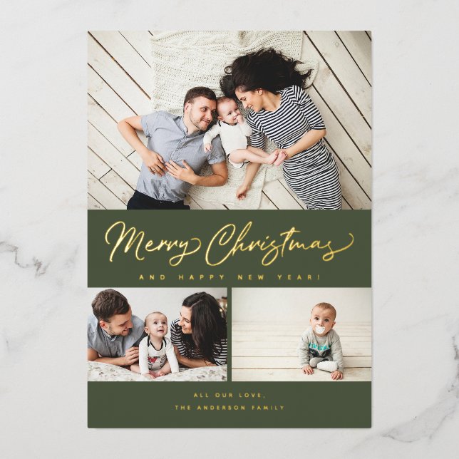 Merry Christmas Foil Script 3 Collage Multi-Photo (Front)