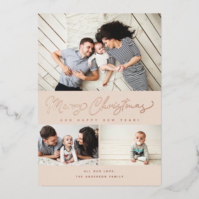 Merry Christmas Foil Script 3 Collage Multi-Photo (Front)